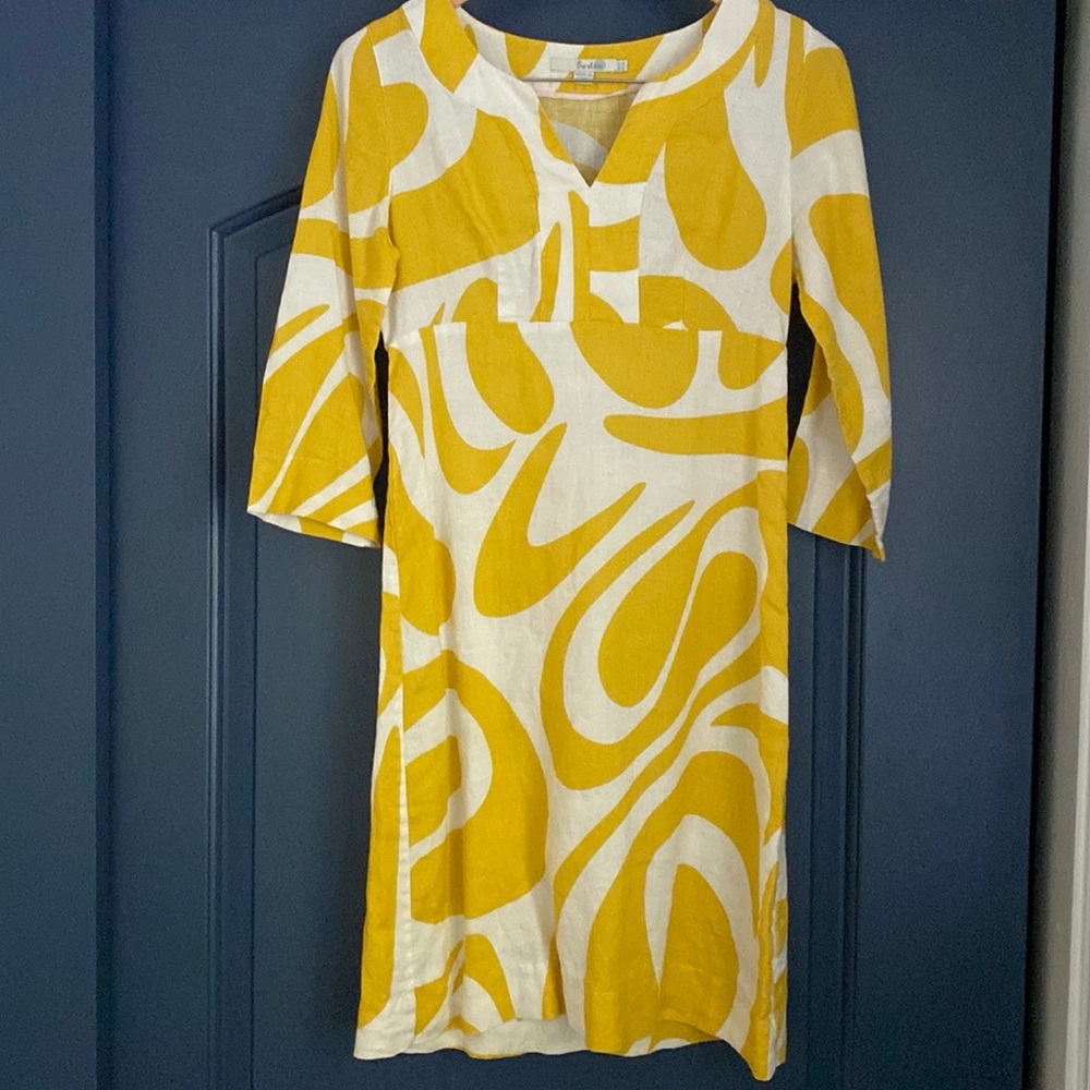 100% Linen Boden dress with yellow and white print, size 4L